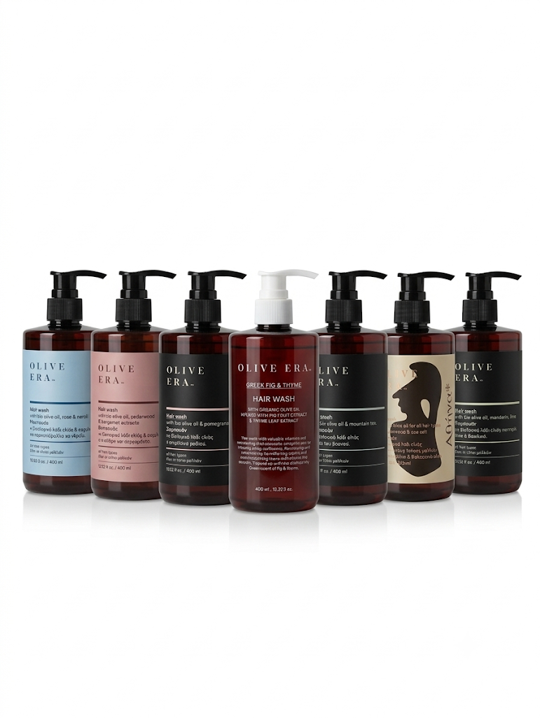7 flaschen im Dreieck angeordnet mit den verschiedenen Duftrichtung Hair Wash von Olive Era