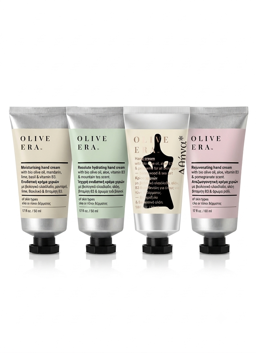 Cremetuben mit Handcreme in den vier duftrichtungen Mandaine, Mountaintea Athena und Pomegranate